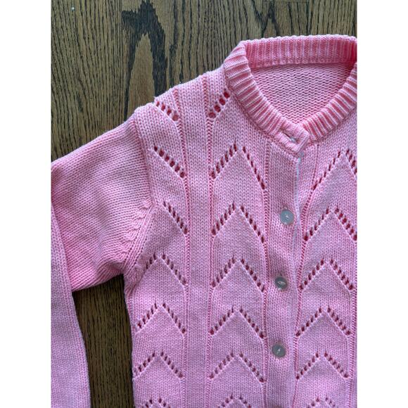 Vintage Pink Knit Cardigan Chevron Eyelet Design Button Front Women’s M - Picture 7 of 8